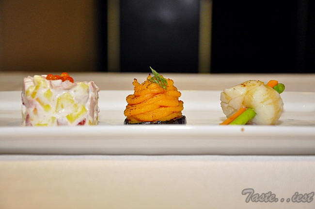 Appetizer Smoked Duck Breast Scallop Skewer and Mashed Potato