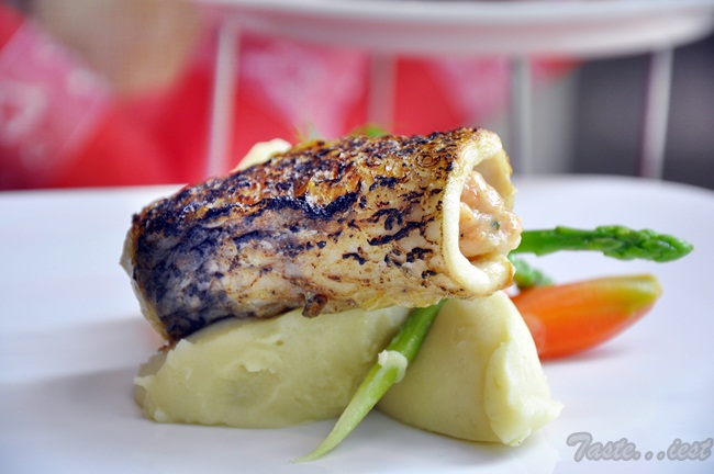 Oven Roasted Sea Bass rolled with Lobster Mousse