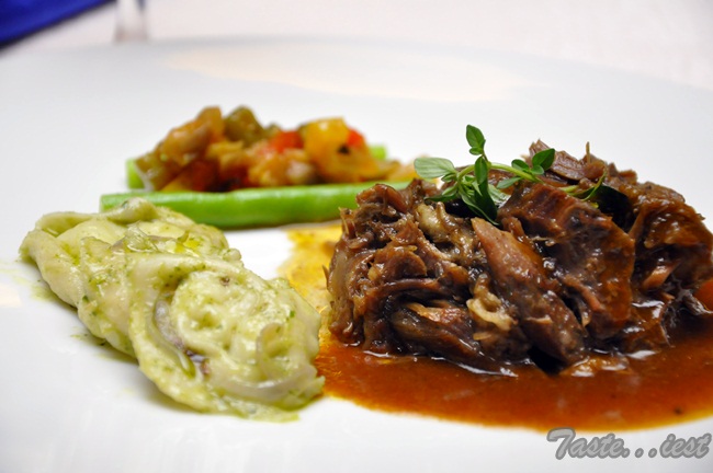 Oven Slow Baked Lamb Shank served with Feta Cheese Tortellini and Ratatouille