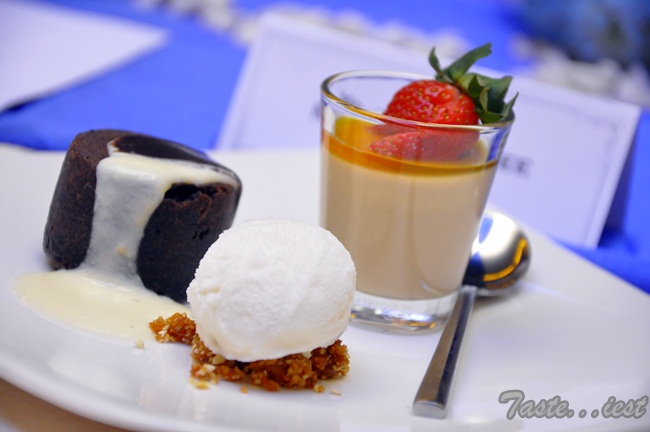 Dark Chocolate Volcano, Caramel Panna Cotta with Vanilla Gelato