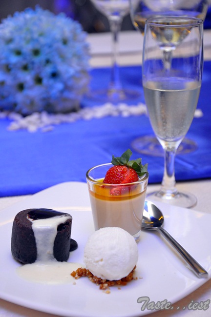 Dark Chocolate Volcano, Caramel Panna Cotta with Vanilla Gelato